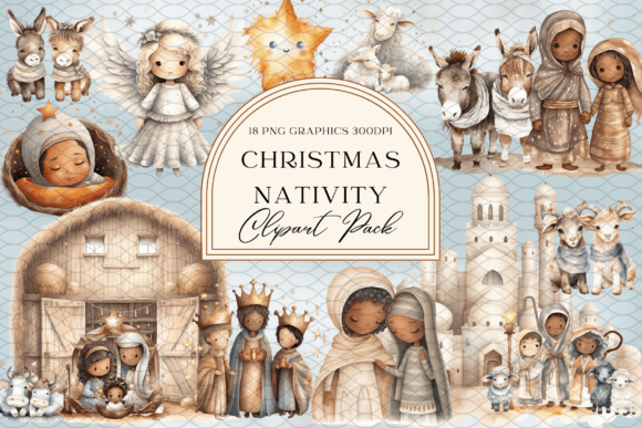 Watercolor Christmas Nativity Religious Illustrations for Branding